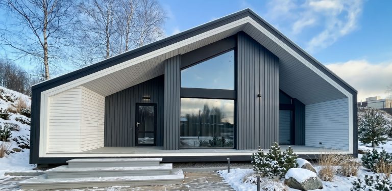 Проект Arctic Frame. Одноэтажный дом в стиле минимализм с двускатной кровлей и большими окнами.